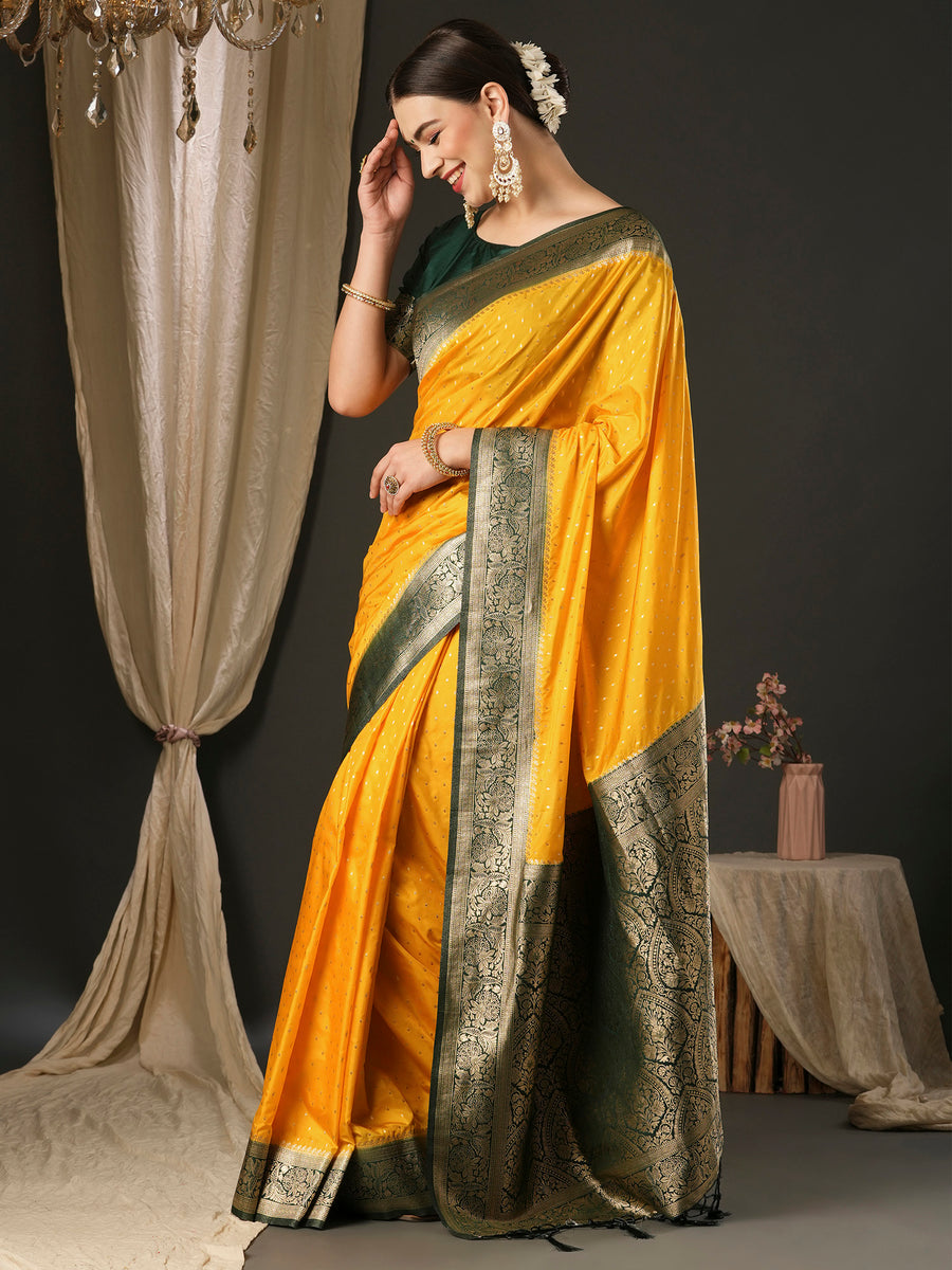 Women's Silk Blend Yellow WovenDesign DesignerSaree With Blouse Piece