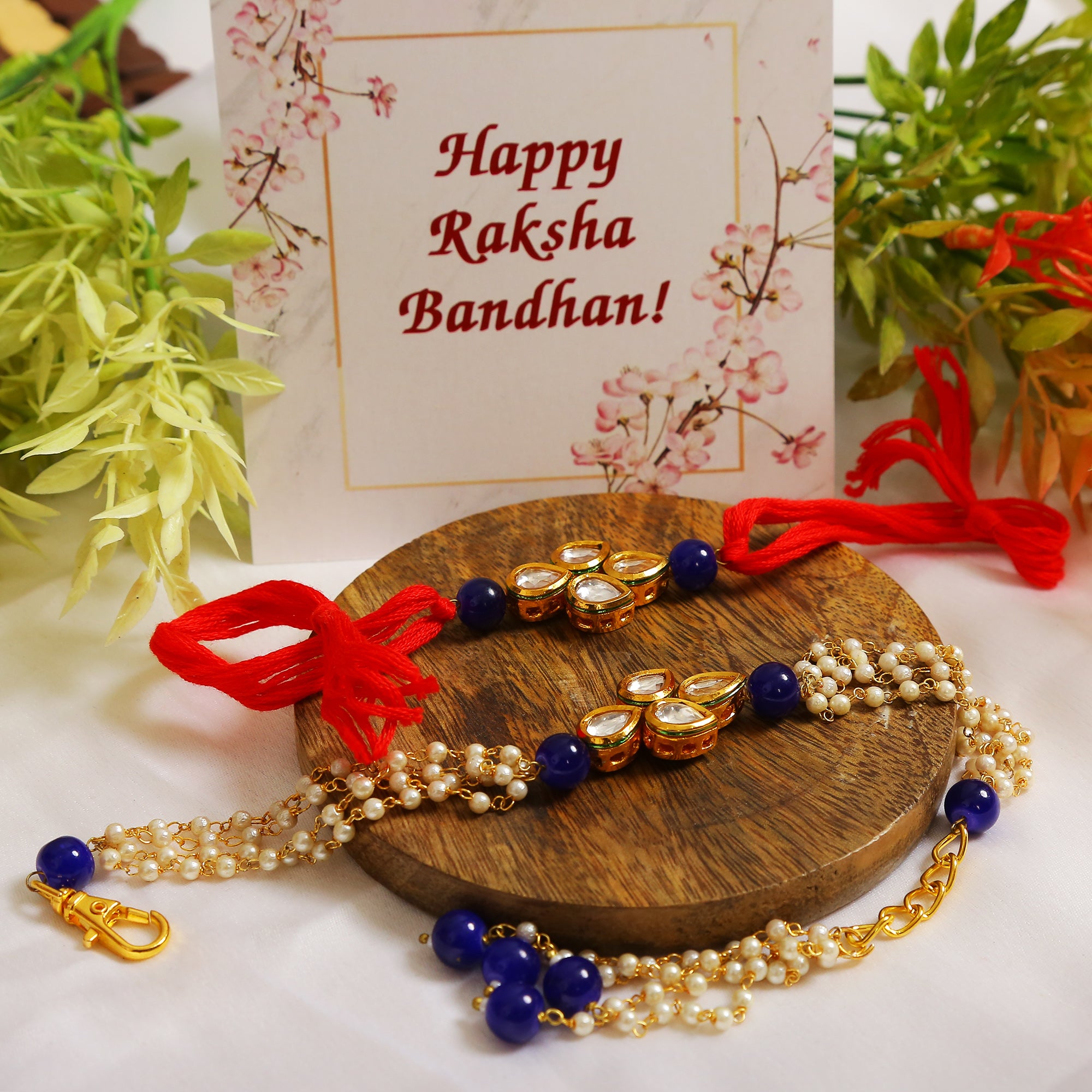 Handmade Kundan Rakhi & Lumba Set- Set Of 2
