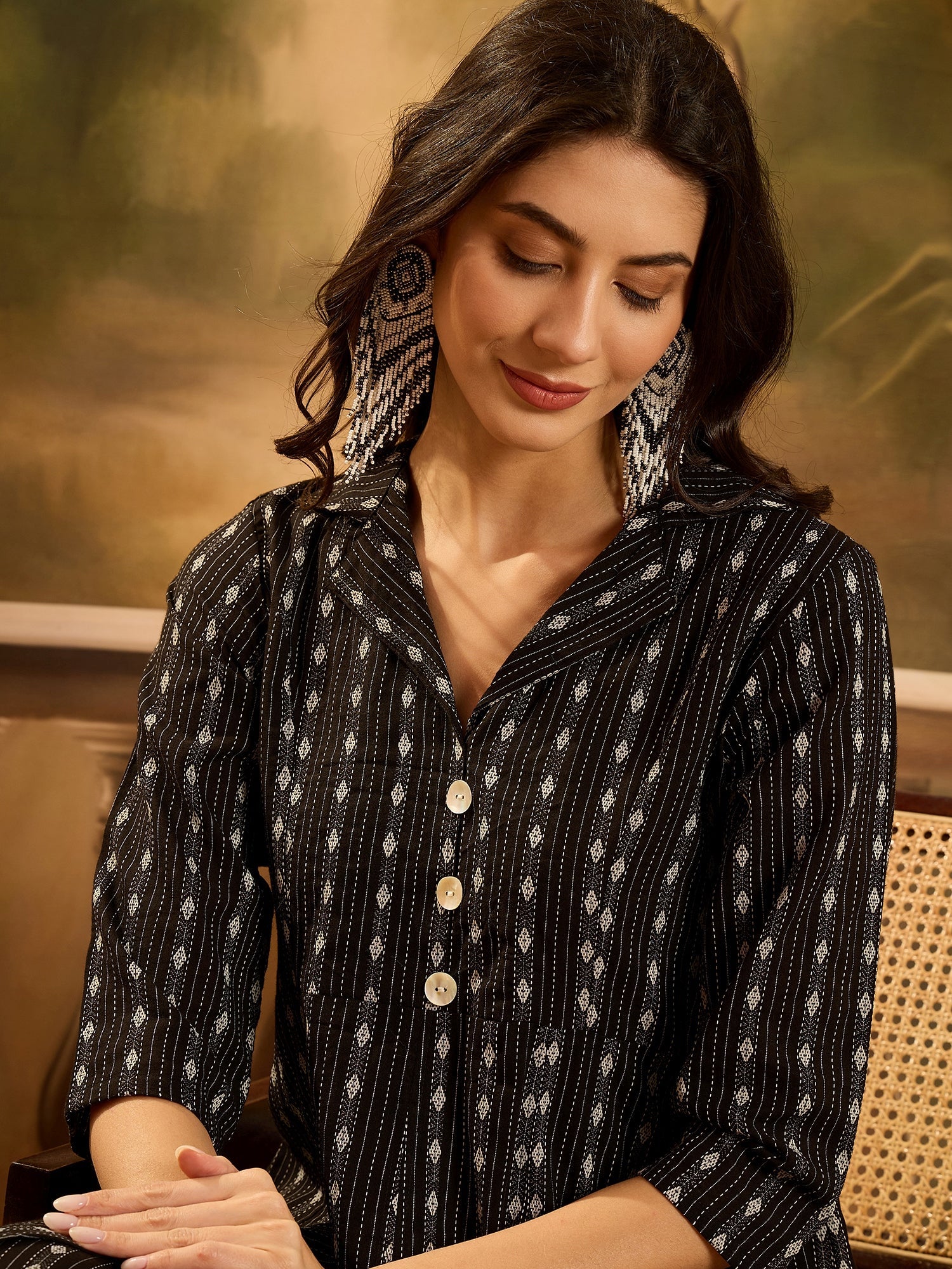 Women's Black Woven Design Cotton Co-Ord Set
