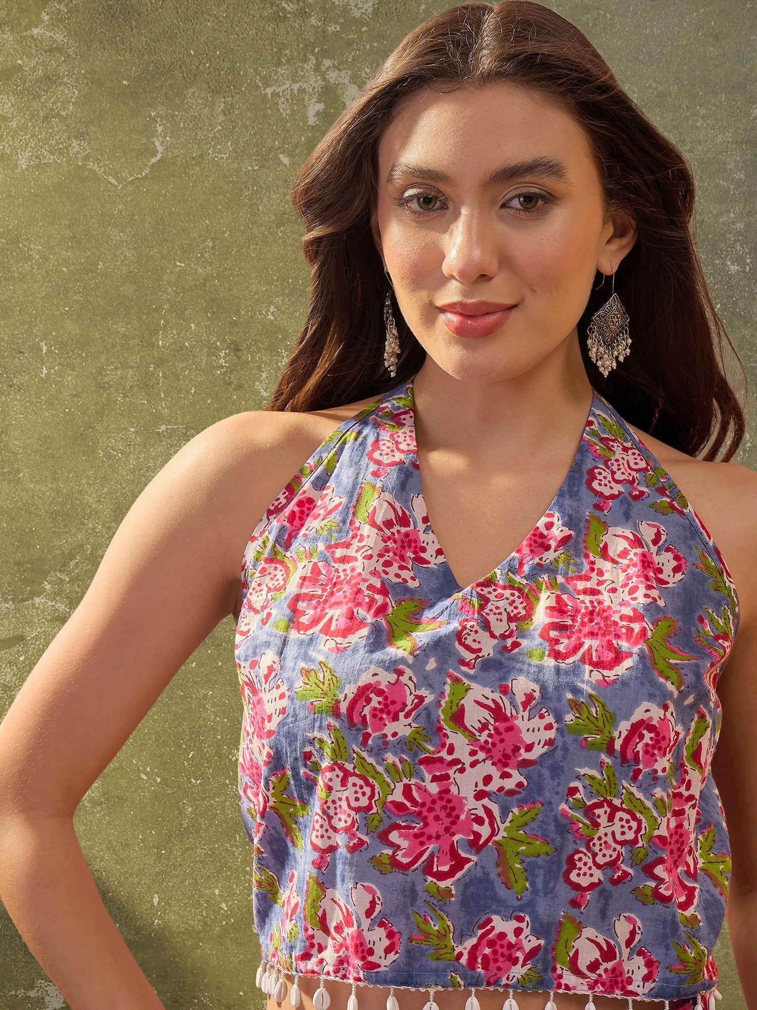 Women's Turquoise Floral Printed Cotton Co-Ord Set