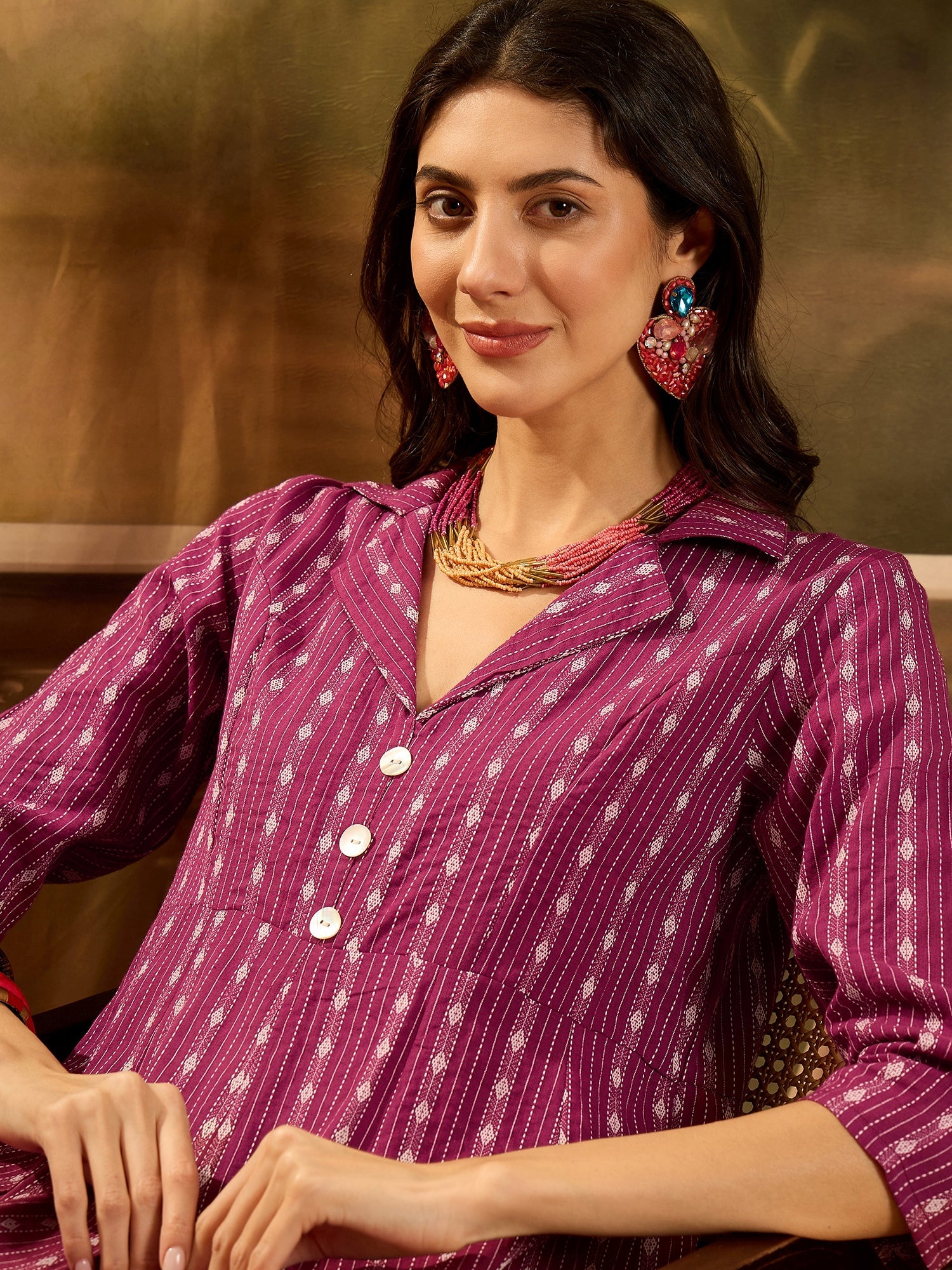 Women's Wine Woven Design Cotton Co-Ord Set