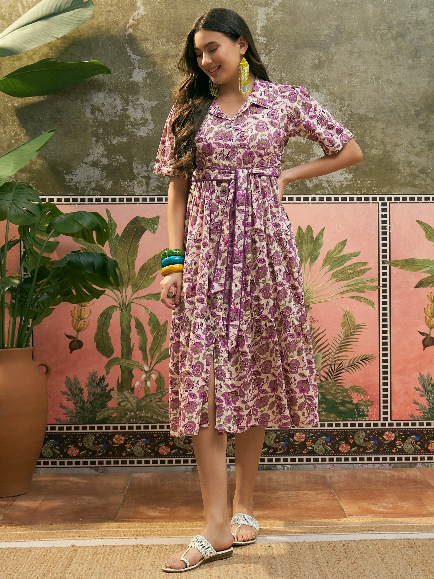 Women's Cream Floral Printed Cotton Flared Dress