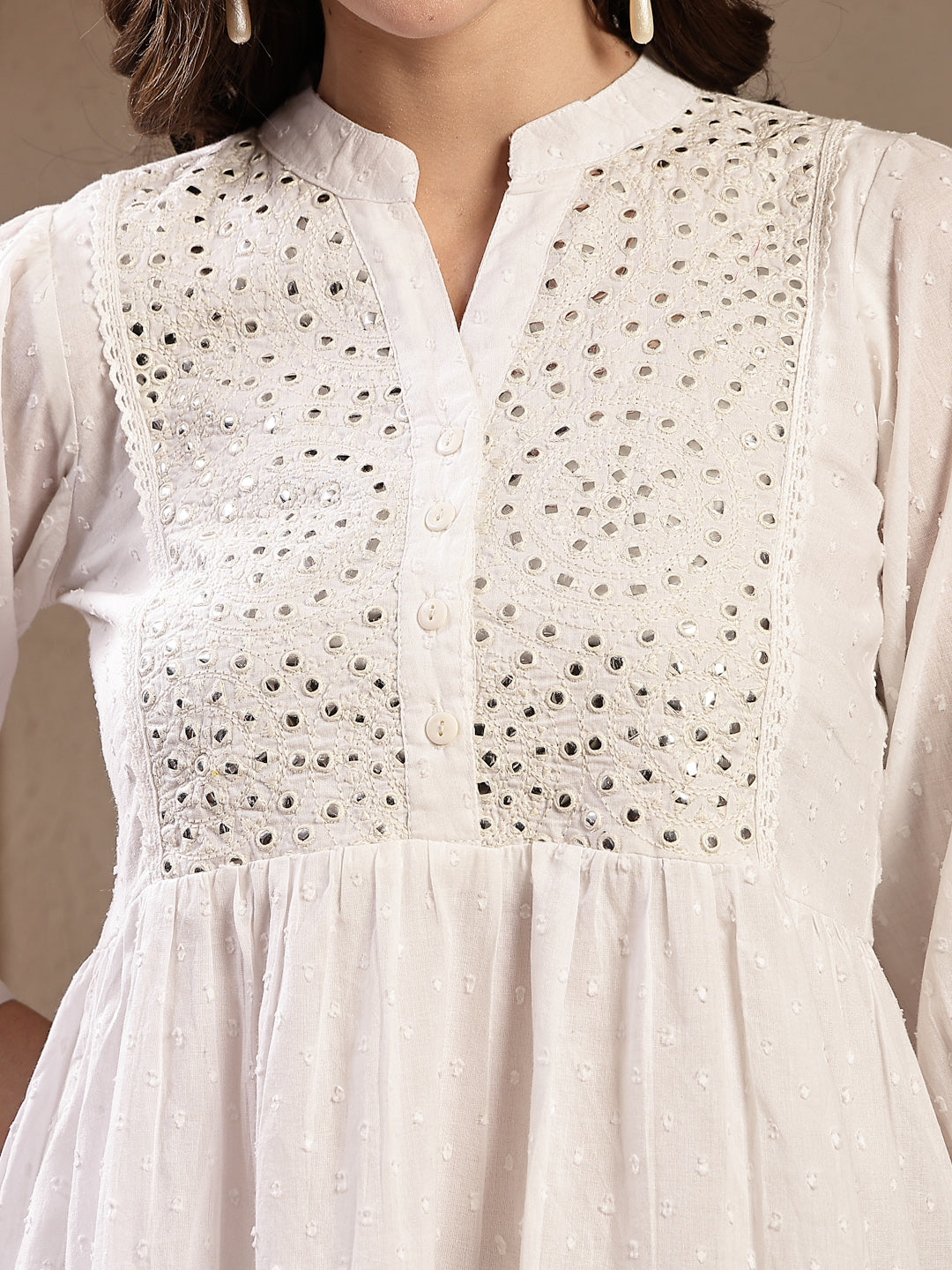 Women's White Self Design Cotton Tiered Dress
