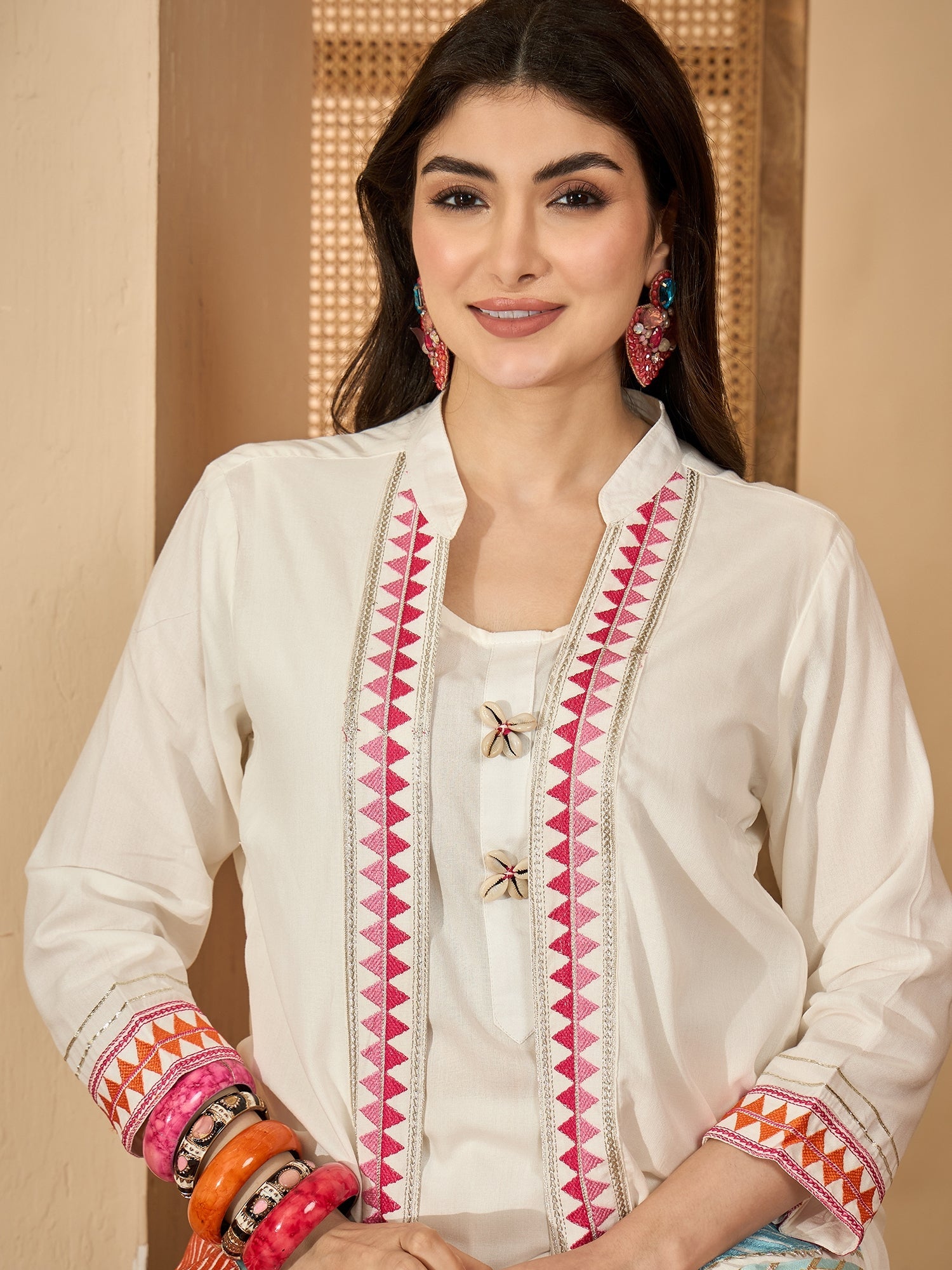Women's White Solid & Embroidered Rayon A-Line Kurti Dhoti Pant with Jacket
