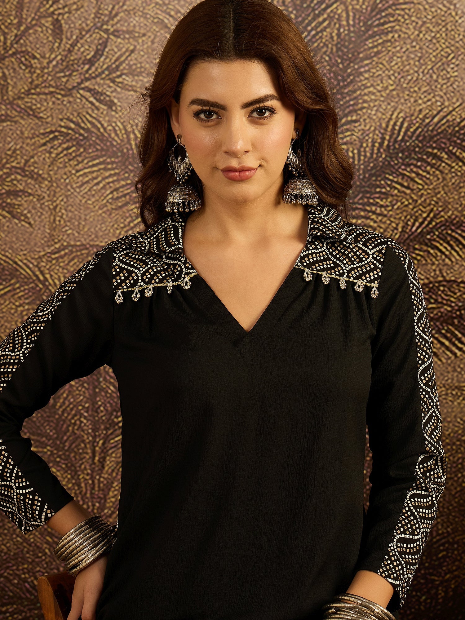 Women's Black Solid Crepe A-Line Kurta Pant Set