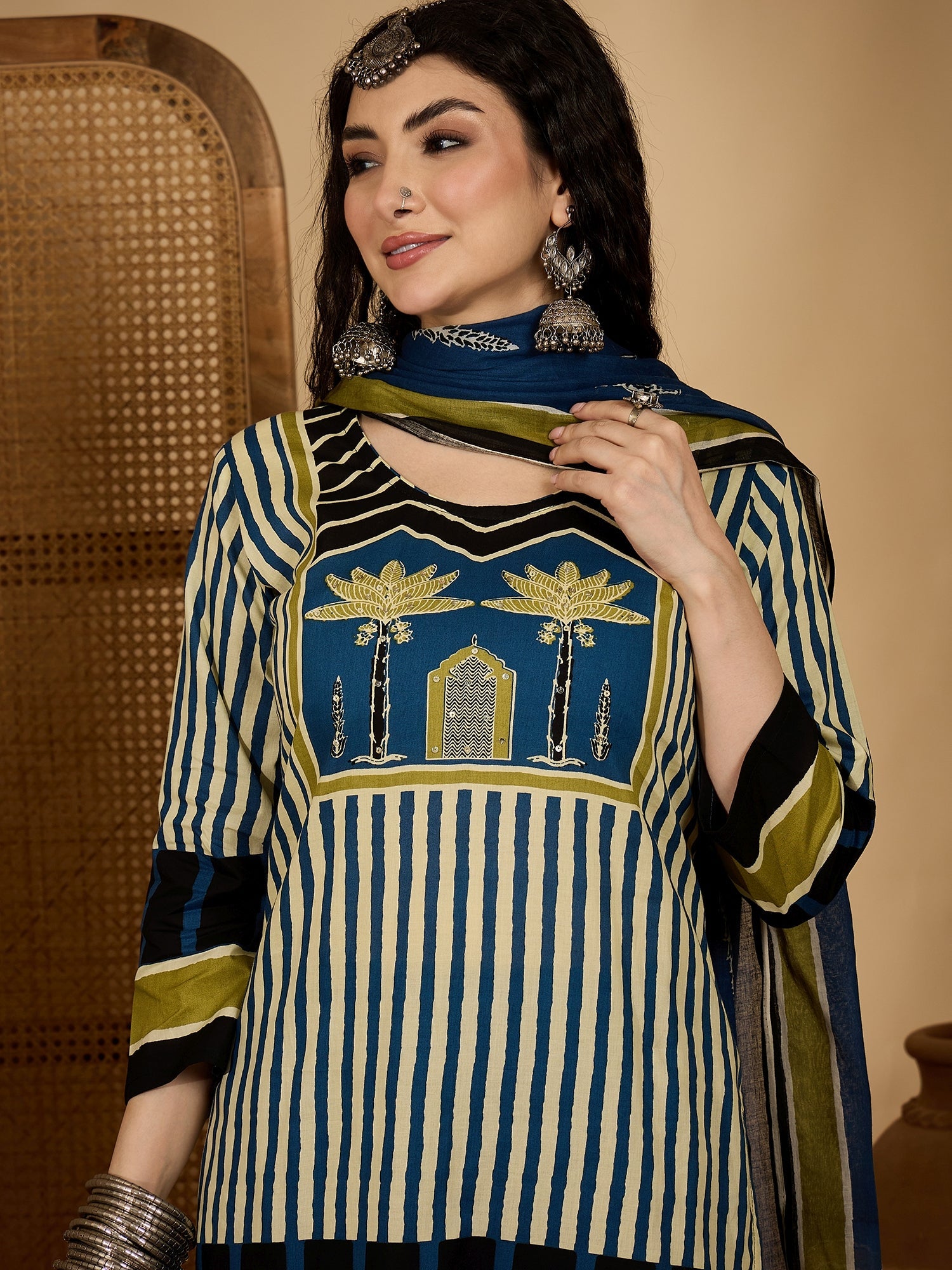 Women's Blue Striped Printed Cotton Straight Kurta Pant Dupatta Set