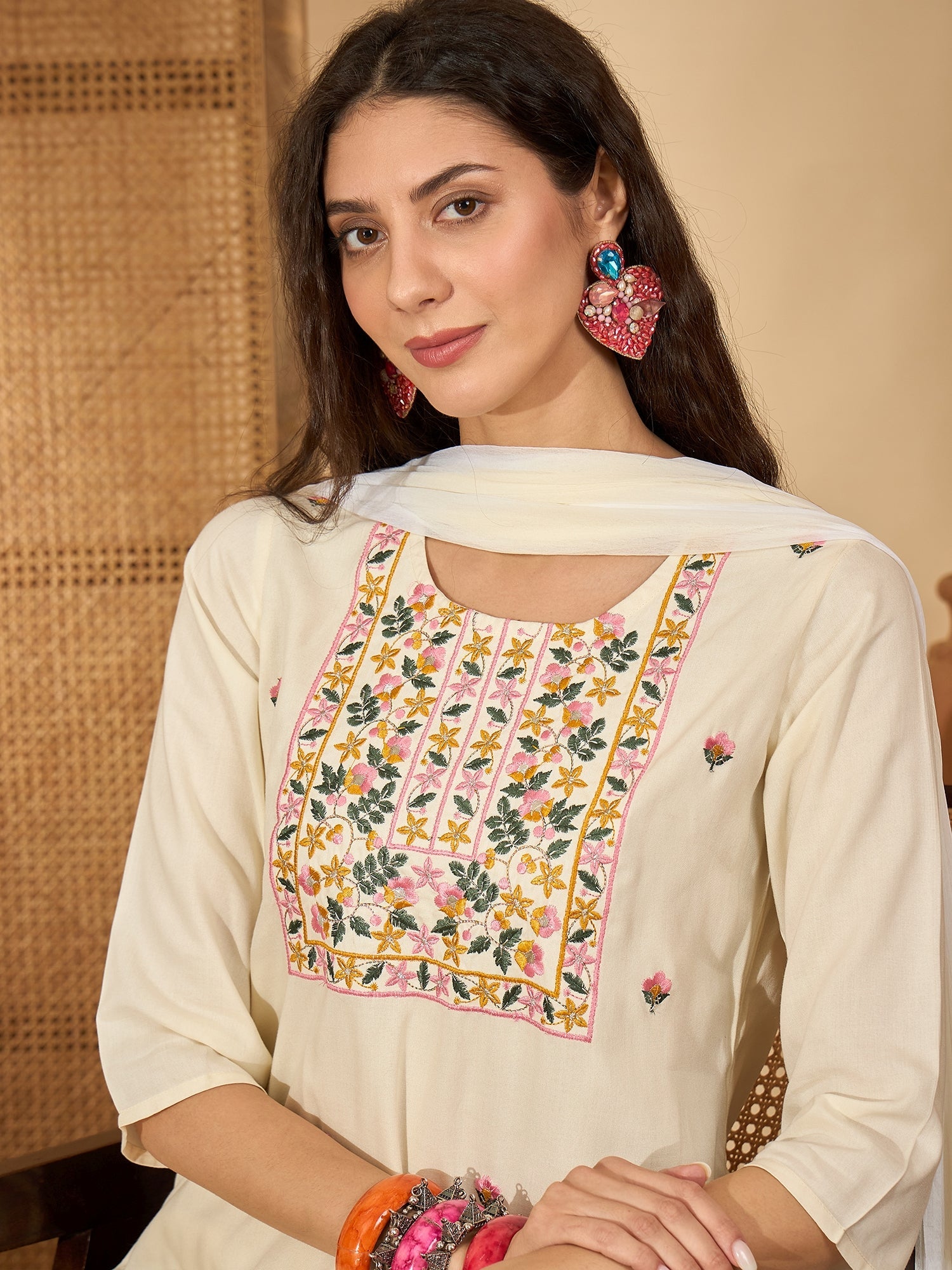 Women's Cream Solid & Embroidered Rayon Straight Kurta Pant Dupatta Set
