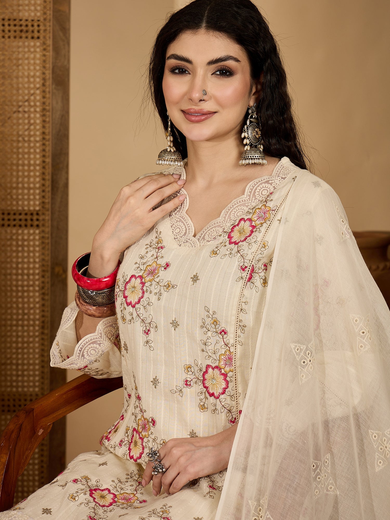Women's Cream Embroidered Cotton Blend A-Line Kurta Pant Dupatta Set