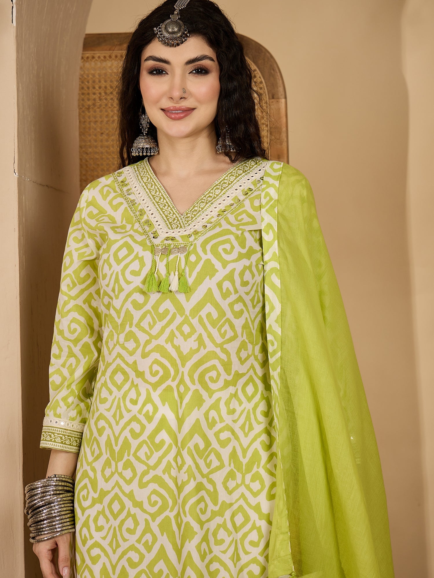 Women's Green Ikat Printed Cotton Straight Kurta Palazzo Dupatta Set