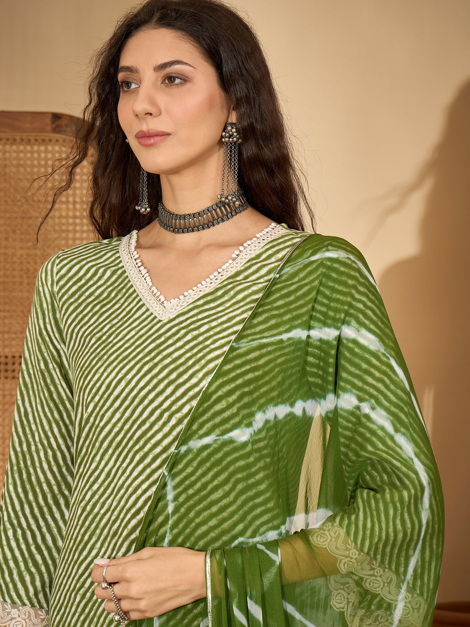 Women's Green Leheriya Printed Rayon Straight Kurta Palazzo Dupatta Set