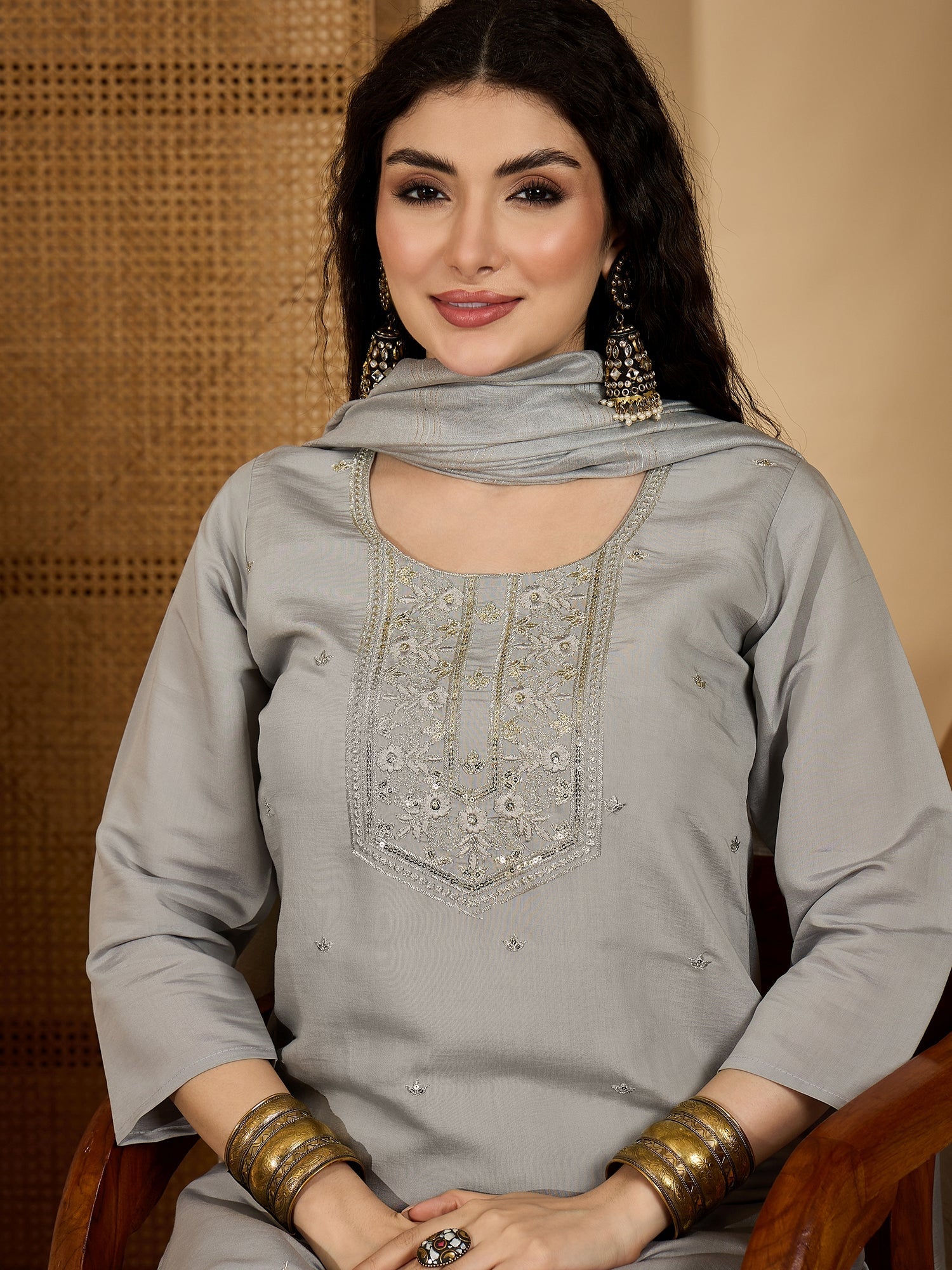 Women's Grey Solid & Embroidered Silk Straight Kurta Pant Dupatta Set