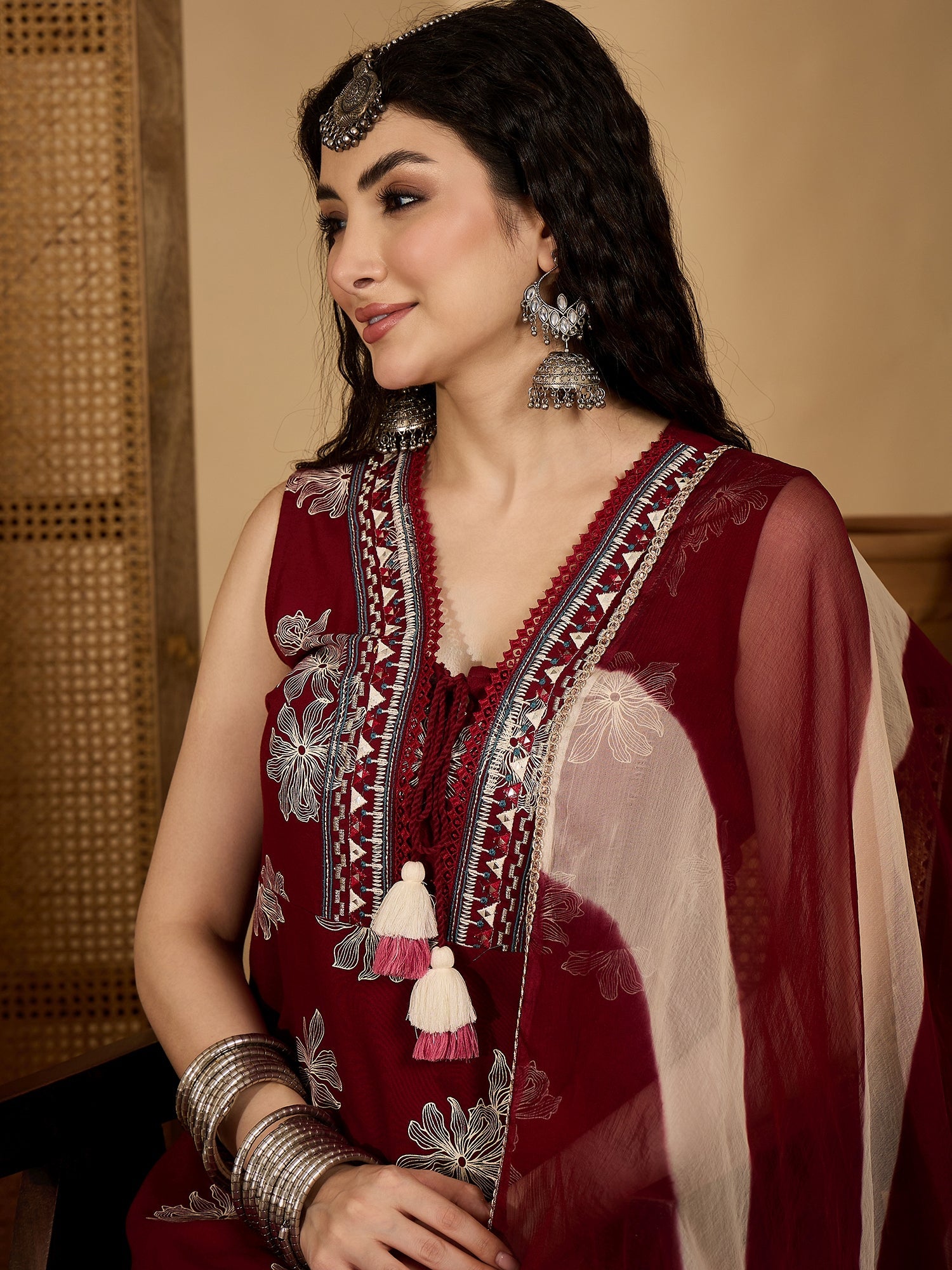 Women's Maroon Floral Printed Rayon Flared Kurta Pant Dupatta Set