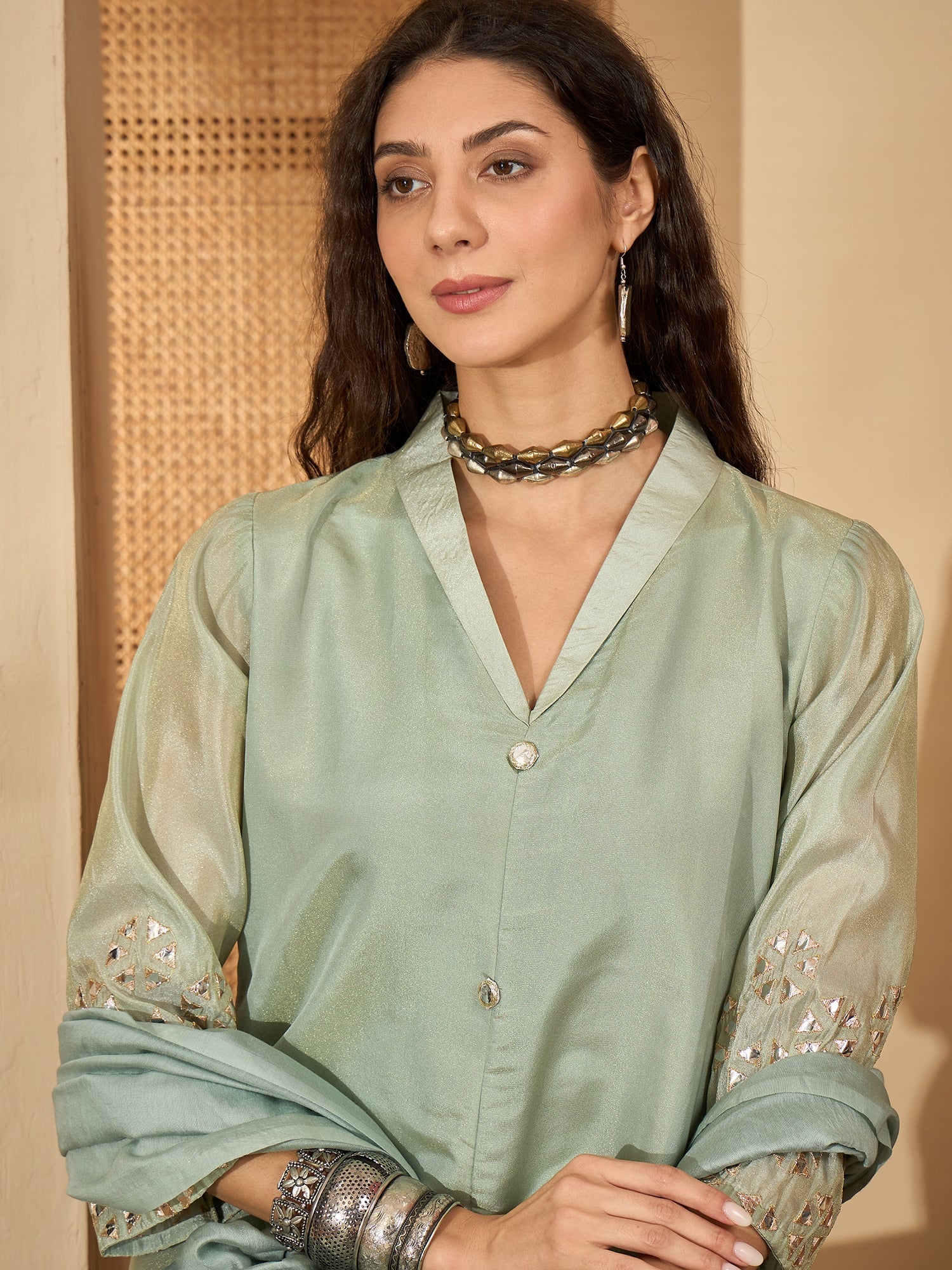 Women's Pista Solid Silk Blend A-Line Kurta Pant Dupatta Set