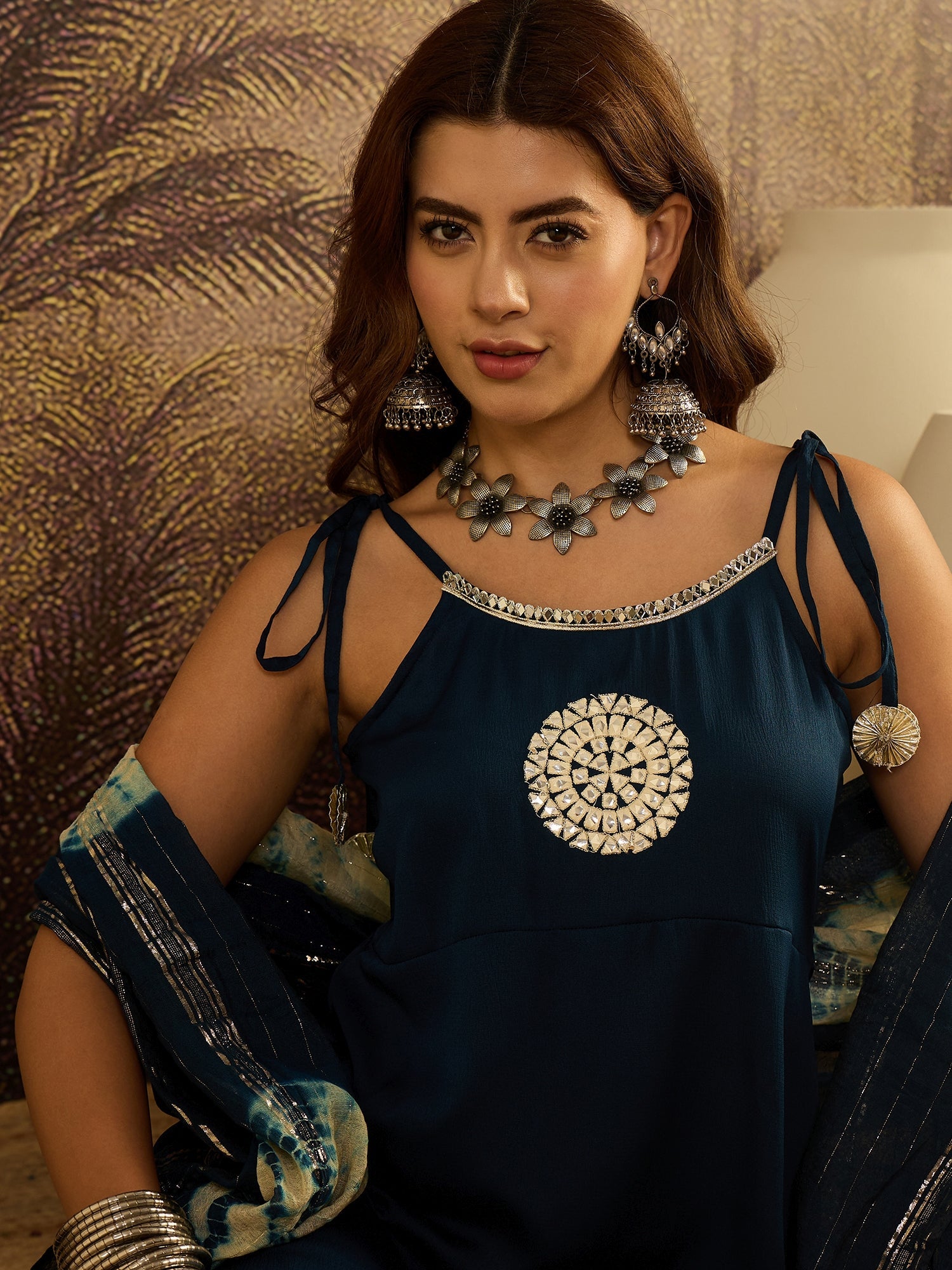 Women's Teal Solid & Embroidered Crepe A-Line Kurta Pant Dupatta Set