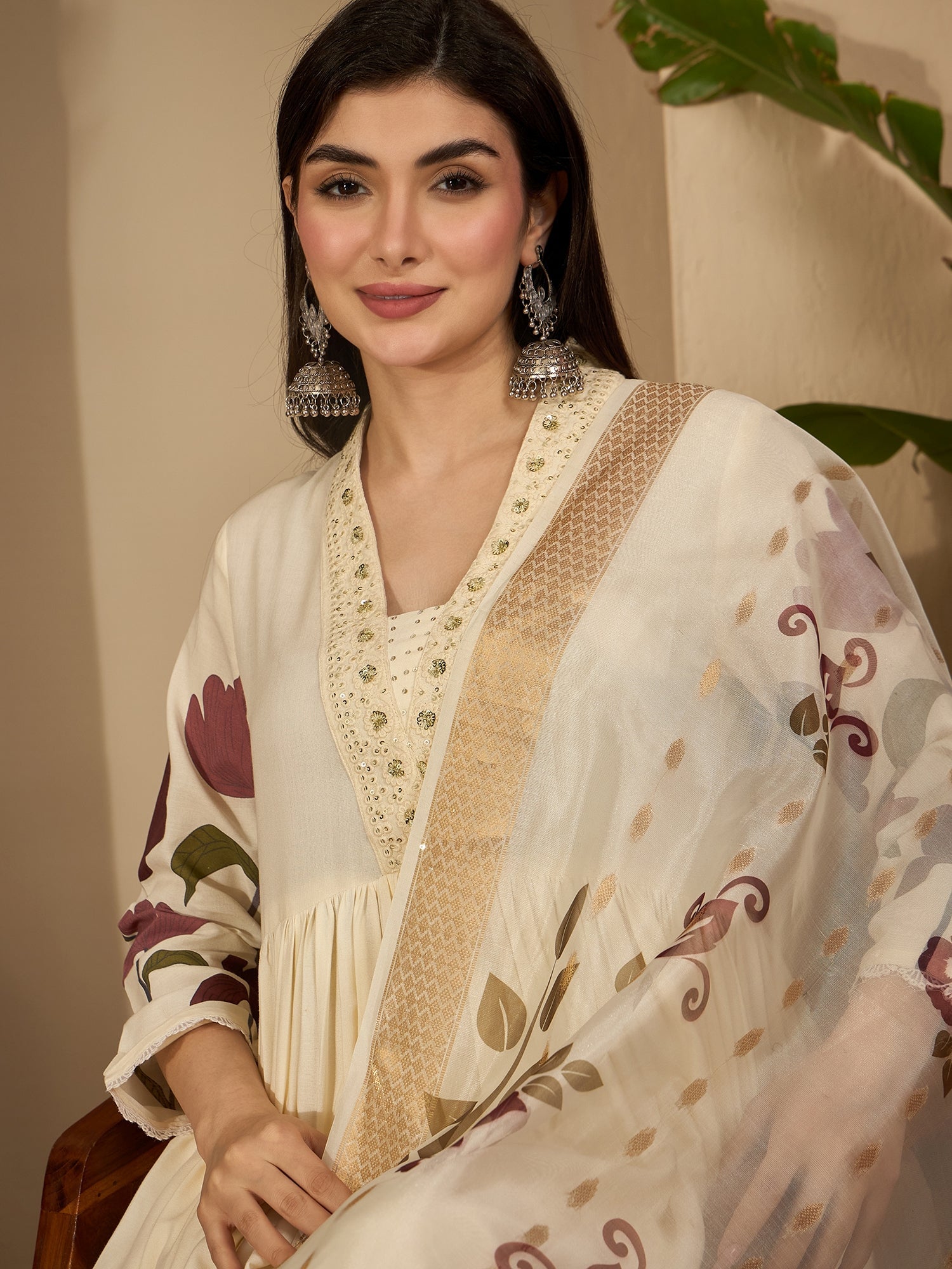 Women's Wine Floral Printed Rayon Flared Kurta Palazzo Dupatta Set
