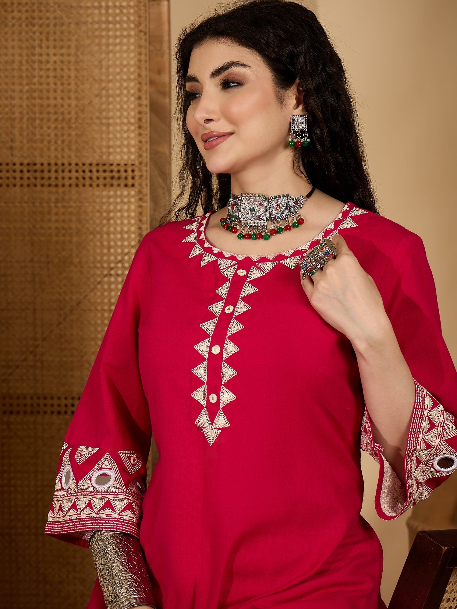 Women's Pink Solid & Embroidered Cotton Flex Straight Kurta Pant Set