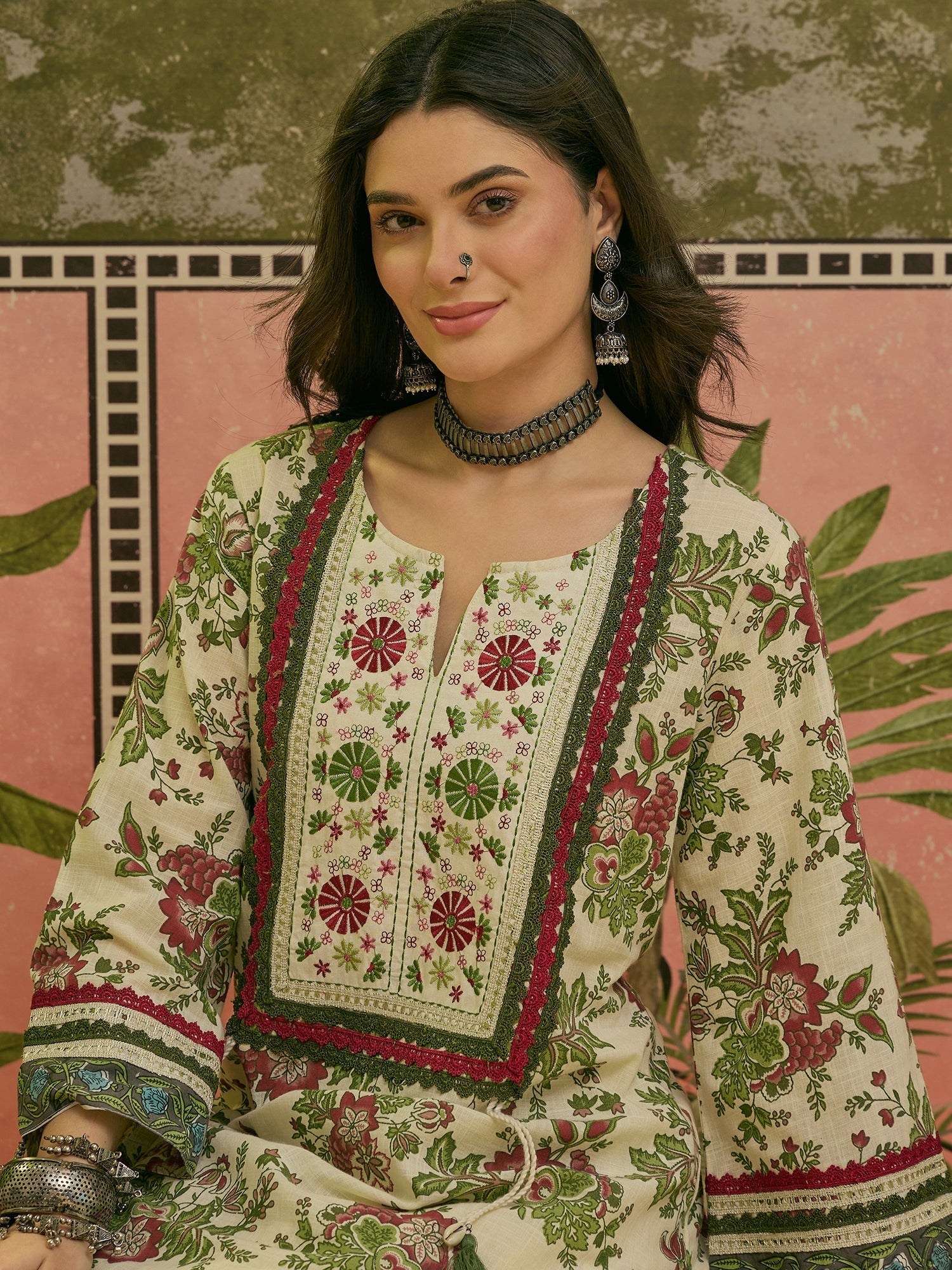 Women's Red Floral Printed & Embroidered Cotton A-Line Kurti Farshi Salwar Set