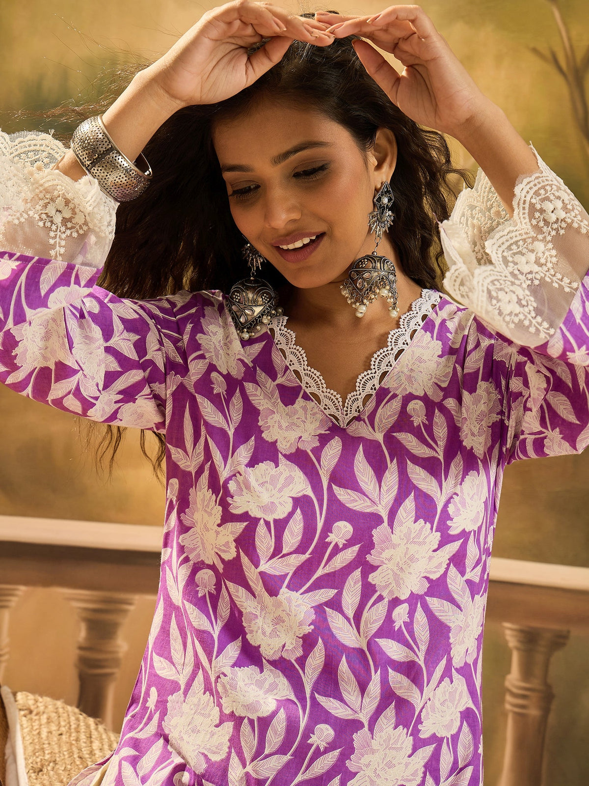Women's Purple Floral Printed Cotton Straight Kurta