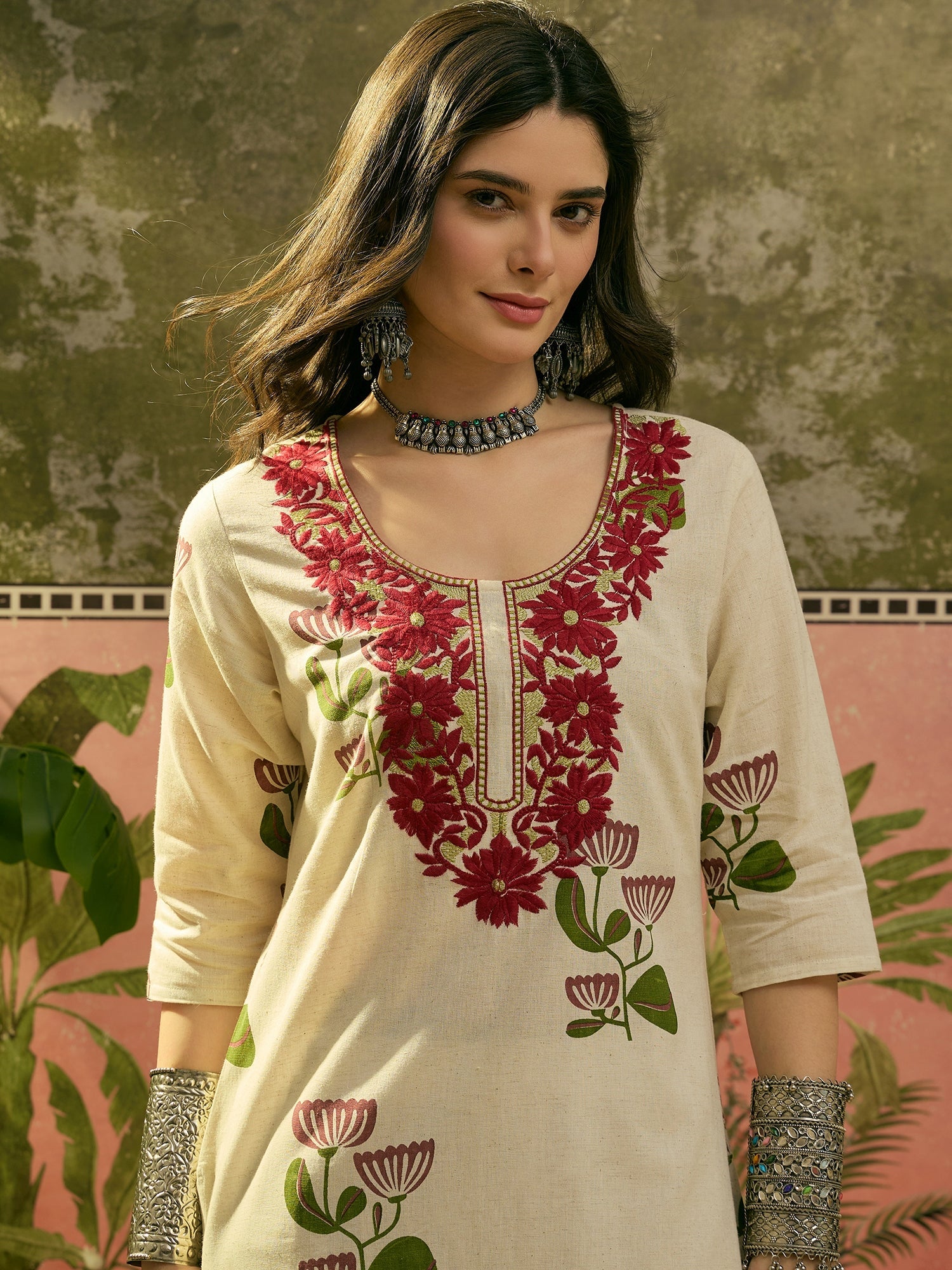 Women's Red Floral Printed & Embroidered Cotton Straght Kurta