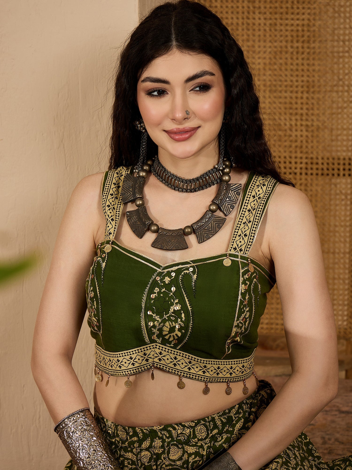 Women's Green Ethnic Printed Cotton Crop Top With Skirt
