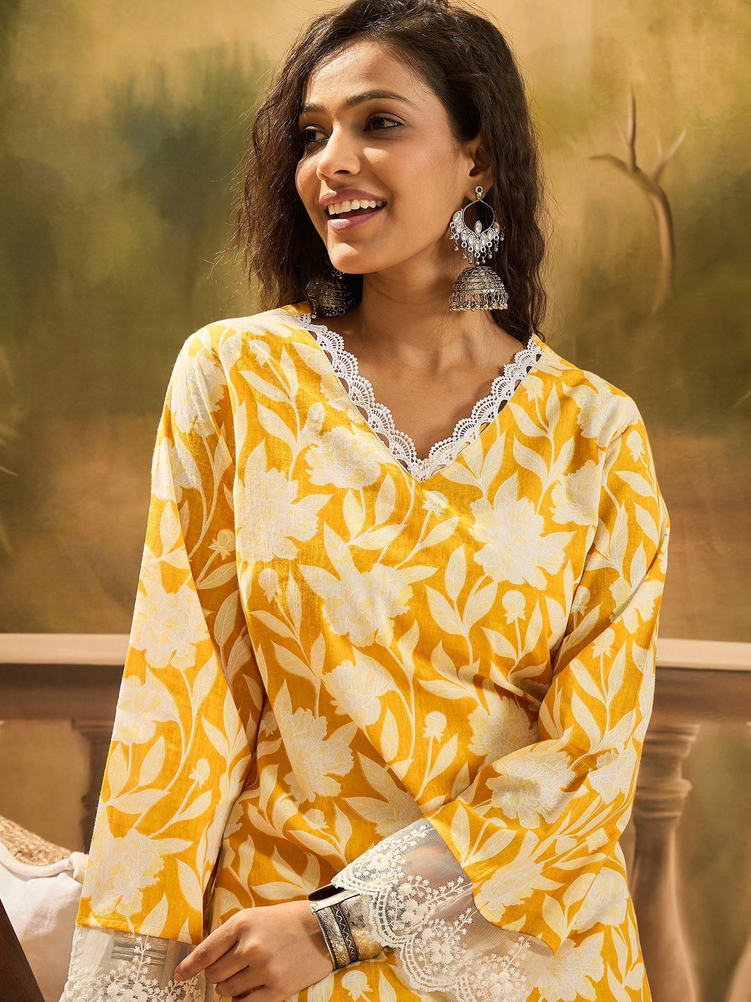 Women's Yellow Floral Printed Cotton Straight Kurta