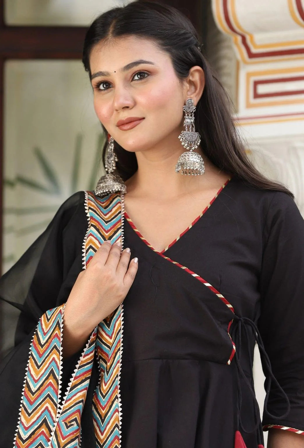 Women's Zig-Zag Black Cotton Anarkali Set