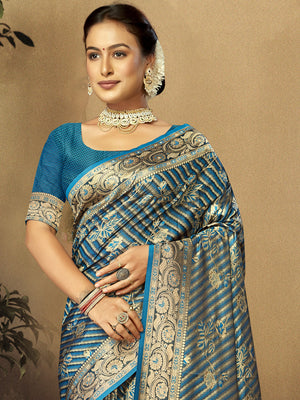 Women Blue Satin Silk Saree With Un Stitched Blouse | NOZ2TOZ - Made In INDIA.