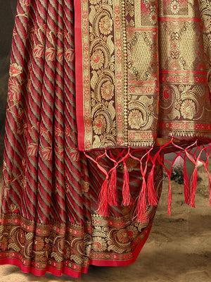 Women Red Satin Silk Saree With Un Stitched Blouse | NOZ2TOZ - Made In INDIA.