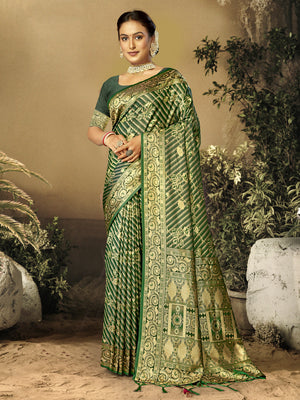Women Green Satin Silk Saree With Un Stitched Blouse | NOZ2TOZ - Made In INDIA.