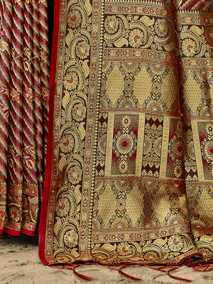 Women Maroon Satin Silk Saree With Un Stitched Blouse | NOZ2TOZ - Made In INDIA.