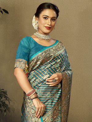Women Sky Blue Satin Silk Saree With Un Stitched Blouse | NOZ2TOZ - Made In INDIA.