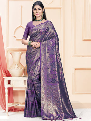 Women Lavender Satin Silk Saree With Un Stitched Blouse | NOZ2TOZ - Made In INDIA.