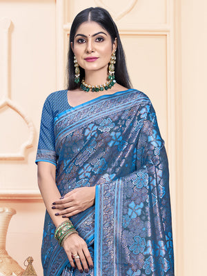 Women Blue Satin Silk Saree With Un Stitched Blouse | NOZ2TOZ - Made In INDIA.