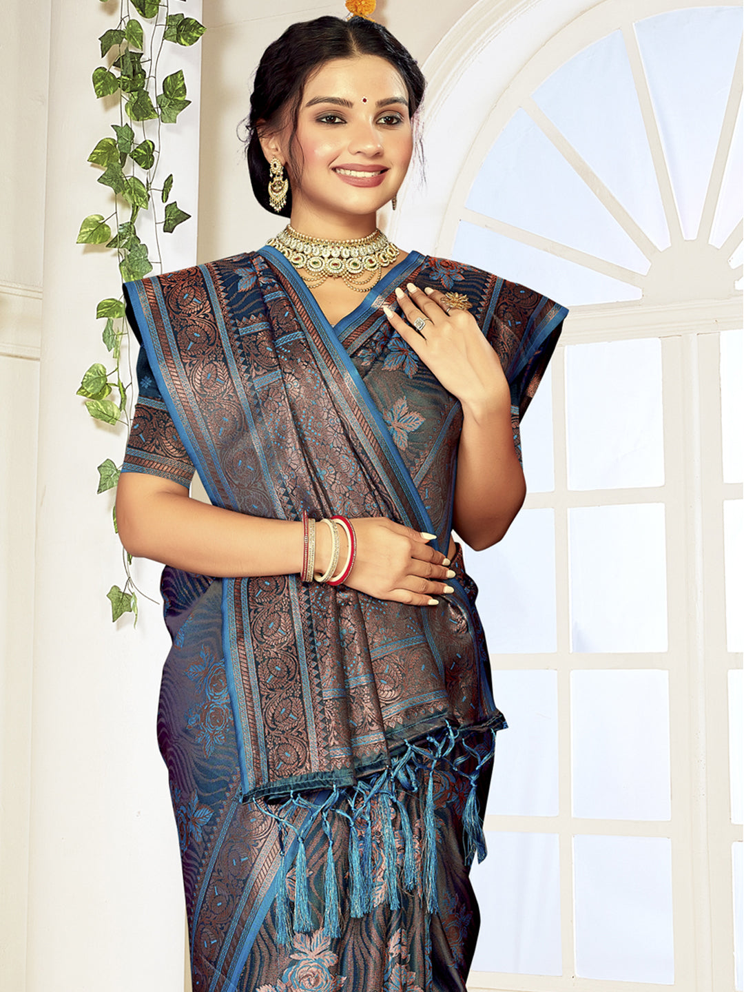 Women Blue Satin Silk Saree With Un Stitched Blouse | NOZ2TOZ - Made In INDIA.