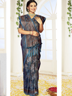 Women Blue Satin Silk Saree With Un Stitched Blouse | NOZ2TOZ - Made In INDIA.