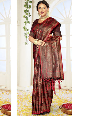 Women Maroon Satin Silk Saree With Un Stitched Blouse | NOZ2TOZ - Made In INDIA.