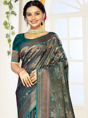 Women Rama Satin Silk Saree With Un Stitched Blouse | NOZ2TOZ - Made In INDIA.