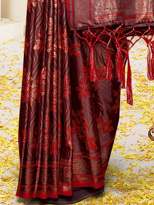 Women Red Satin Silk Saree With Un Stitched Blouse | NOZ2TOZ - Made In INDIA.