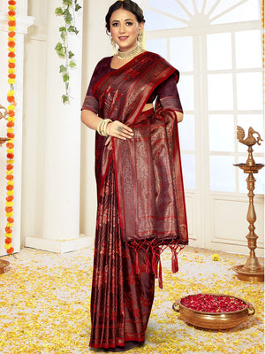 Women Red Satin Silk Saree With Un Stitched Blouse | NOZ2TOZ - Made In INDIA.