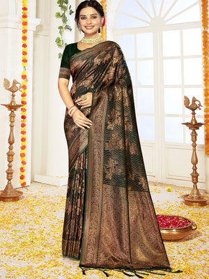 Women Green Satin Silk Saree With Un Stitched Blouse | NOZ2TOZ - Made In INDIA.