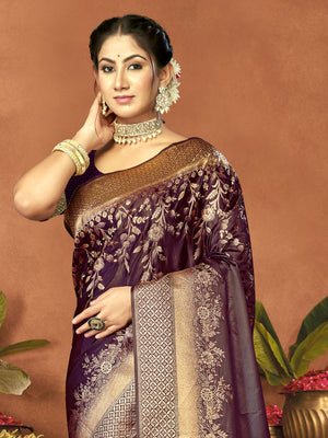 Women Purple Satin Silk Saree With Un Stitched Blouse | NOZ2TOZ - Made In INDIA.