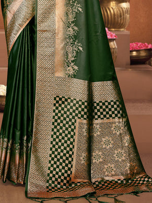 Women Green Satin Silk Saree With Un Stitched Blouse | NOZ2TOZ - Made In INDIA.