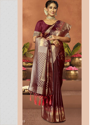 Women Wine Satin Silk Saree With Un Stitched Blouse | NOZ2TOZ - Made In INDIA.