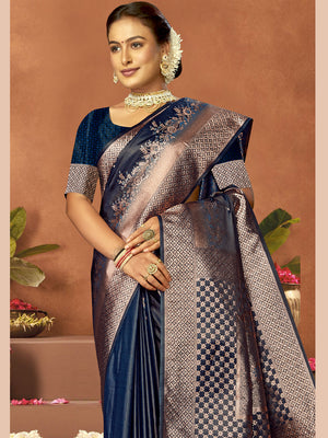 Women Blue Satin Silk Saree With Un Stitched Blouse | NOZ2TOZ - Made In INDIA.