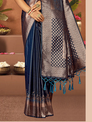 Women Blue Satin Silk Saree With Un Stitched Blouse | NOZ2TOZ - Made In INDIA.