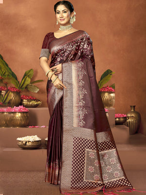 Women Brown Satin Silk Saree With Un Stitched Blouse | NOZ2TOZ - Made In INDIA.