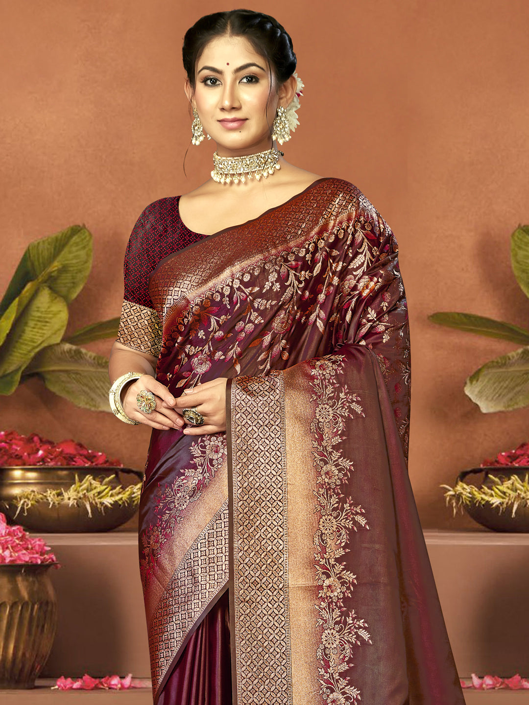 Women Maroon Satin Silk Saree With Un Stitched Blouse | NOZ2TOZ - Made In INDIA.