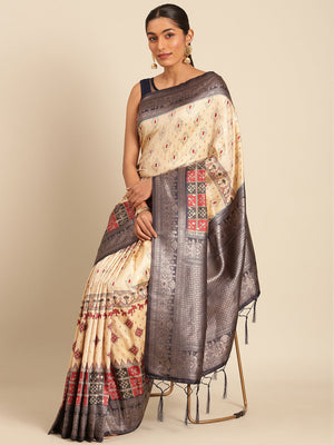 Women Cream Silk Saree With Un Stitched Blouse | NOZ2TOZ - Made In INDIA.