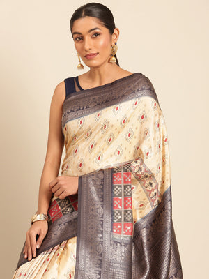 Women Cream Silk Saree With Un Stitched Blouse | NOZ2TOZ - Made In INDIA.