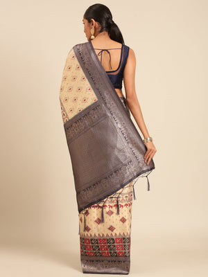Women Cream Silk Saree With Un Stitched Blouse | NOZ2TOZ - Made In INDIA.
